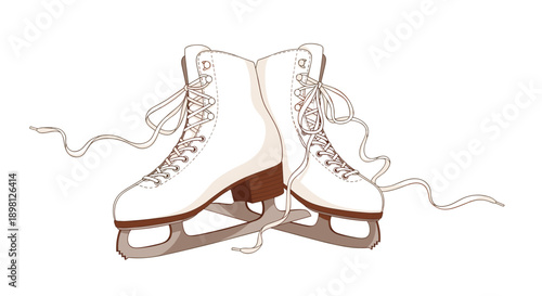 Dreamy white figure skates with untied laces evoke winter fun and artistic expression on ice, perfect for creative projects or seasonal designs