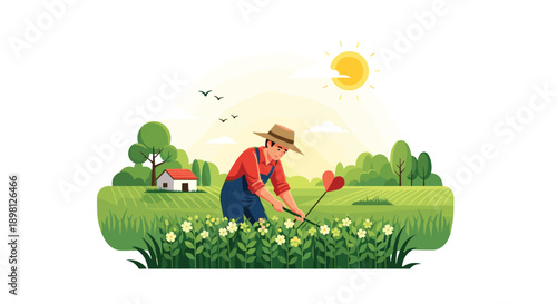 Farmer tending flower field with love on a bright summer day, peaceful rural life, sustainable agriculture, idyllic countryside scene, cheerful, optimistic