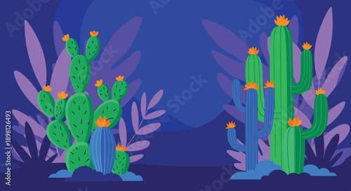 Vibrant desert garden background with blooming cactus plants and purple foliage, perfect for southwest-themed designs or a playful summer vibe