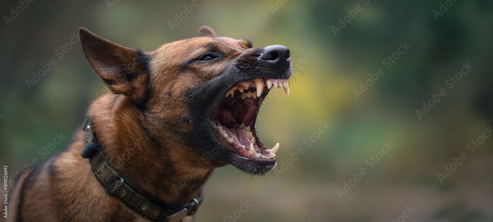Fototapeta premium The dog snarling and baring sharp teeth in a dramatic forest close-up portrait