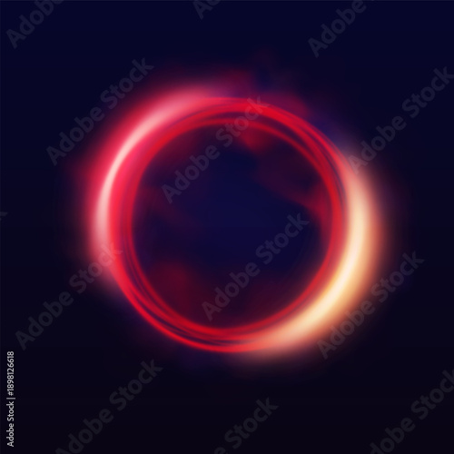 Red neon halo with smoke, glowing ring with luminous aura on dark background, bright circles eclipse effect flare light