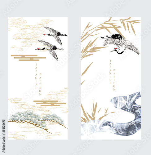Japanese art background with crane birds, bamboo leaves, hand drawn wave and bonsai tree.