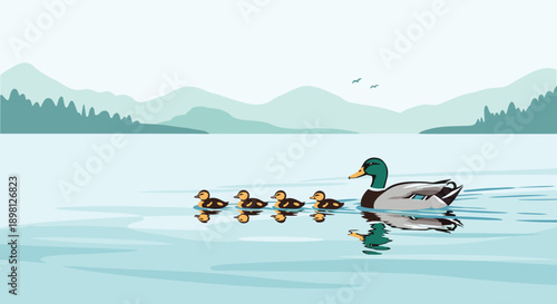 Adorable duck family swims peacefully on a calm lake with beautiful mountain views, perfect for nature lovers and family-themed projects
