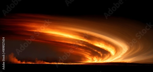 Intense wildfire sweeping across dark landscape with orange flames and swirling smoke at night