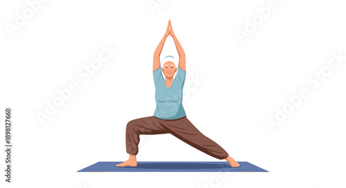 Senior woman embracing wellness with warrior pose during yoga for flexibility, balance, and mindfulness, promoting health and active lifestyle