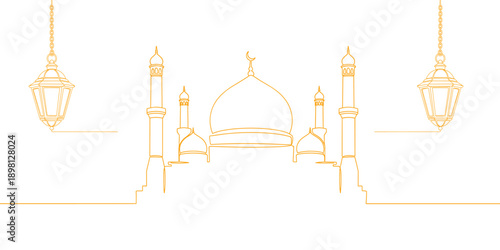 Continuous line drawing of mosque and traditional lanterns for islamic holy month vector illustration