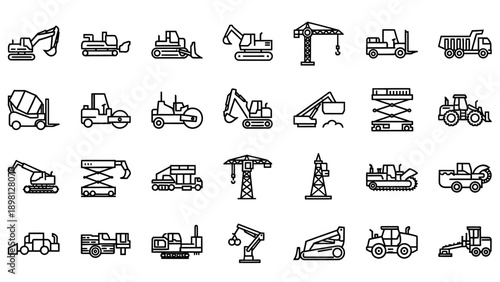 Collection of Various Heavy Machinery Icons.