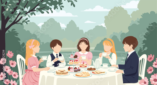 Elegant children enjoying afternoon tea party with cakes and sandwiches in blooming garden, perfect for lifestyle and celebration content