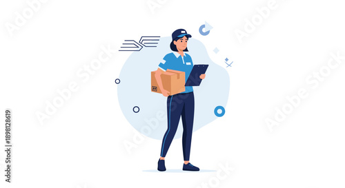 Efficient delivery woman holding package and clipboard ready for fast shipping solutions and reliable courier services in modern logistic companies