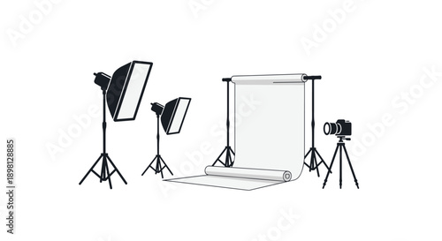 Professional Photography Studio Setup with Softboxes White Backdrop and Camera on a Tripod Isolated on a White Background for Creative Industry Concepts
