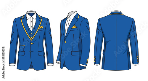 Detailed illustration of a royal blue suit front and back views