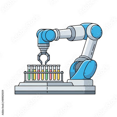 A robotic arm is handling test tubes in a laboratorium with precision, showcasing a scene with a mix of industrial and scientific elements against a clean white background.