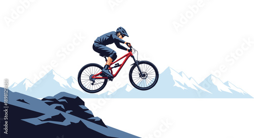 Mountain Biker in Mid Air Jump Off a Rocky Cliff with Snowy Peaks in the Background Dynamic Illustration for Extreme Sports and Adventure Concepts