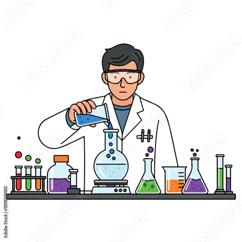 A scientist in a white lab coat pouring a liquid into a beaker on a laboratory countertop with various colorful flasks and test tubes.