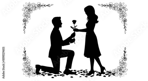 Silhouette of a man proposing to a woman with a rose and ring box