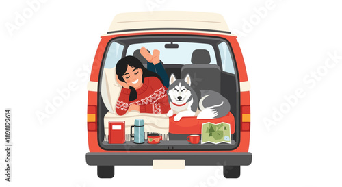 Young Woman and a Husky Dog Relaxing Inside the Back of a Red Camper Van for Van Life Travel and Outdoor Adventure Concepts Illustration