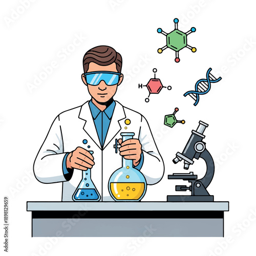 A male scientist in a lab coat and goggles works with chemical equipment and various scientific tools in a laboratorium setting with a mix of colorful molecular structures floating above.