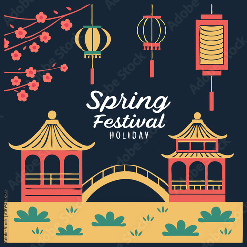 Vibrant spring festival holiday illustration with traditional chinese architecture and lanterns