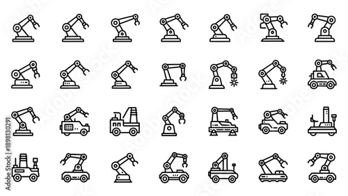 Collection of Various Industrial Robot Arms Icons.