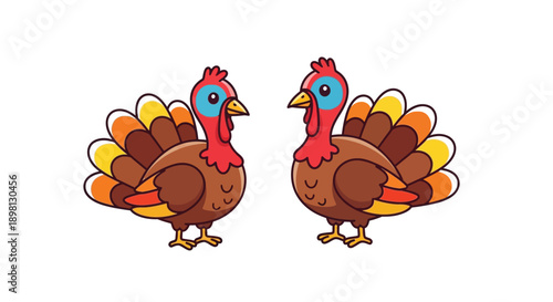 Two cartoon turkeys facing each other a festive illustration