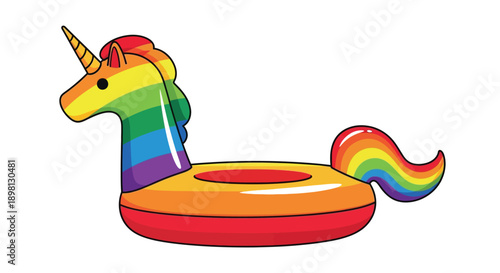 Colorful rainbow unicorn inflatable pool float on a white background