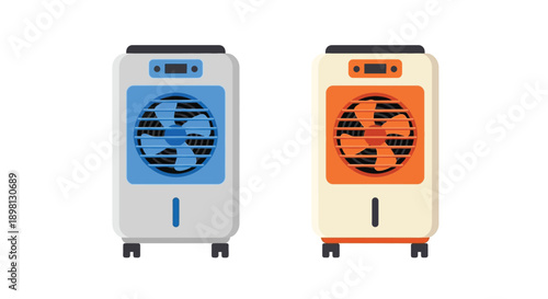Two portable air coolers one blue and one orange are displayed