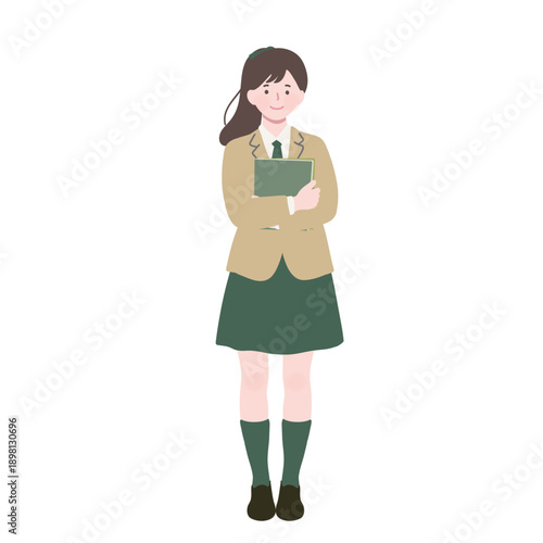 フラットイラスト　ノートを抱えて立っているポニーテールの女子高生　ベージュ×グリーンの制服