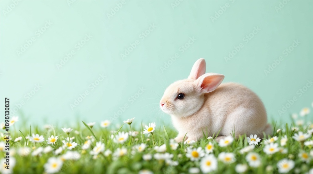 Fototapeta premium Cute beige bunny sitting in a meadow of daisies. Happy Easter background with copy space for text. Spring holiday concept