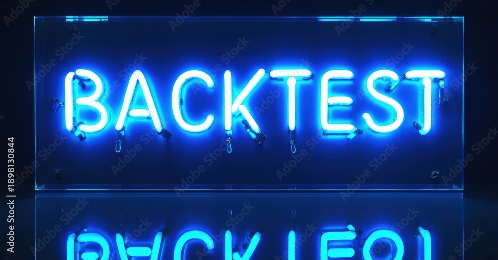 Obraz premium Bright neon sign displays BACKTEST. Reflection visible below. Dark background enhances glowing blue letters, modern aesthetic.