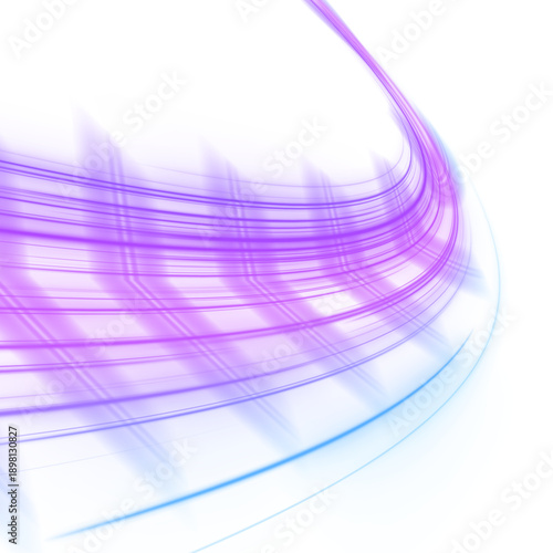Glowing purple, blue neon laser lines curve along a city highway. Motion trails, energy wave swirls, and line patterns illustrate high-speed traffic, road futuristic visuals. Vector illustration PNG.	