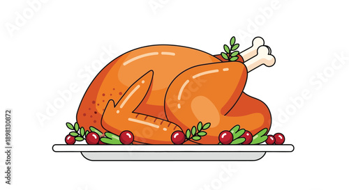 Roasted turkey with cranberries and herbs on a serving platter