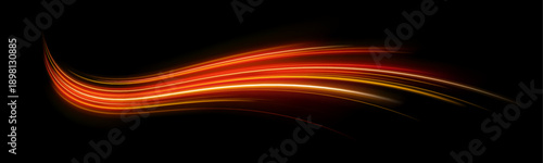 Neon red laser streaks curve along urban roads. Motion trails, glowing wave energy, and swirling lines depict futuristic traffic dynamics. Vector illustration PNG.	