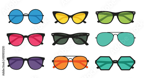 A colorful collection of sunglasses in various styles and frame colors