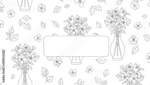 Seamless coloring page pattern featuring elegant flower bouquets in glass vases surrounded by delicate leaves and petals.