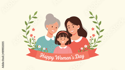 Three generations of smiling women including a grandmother, mother, and young daughter celebrating International Womens Day.