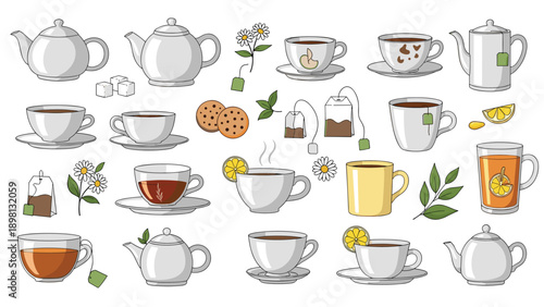 Comprehensive collection of tea time illustrations including teapots, various cups, tea bags, lemon slices, and cookies.