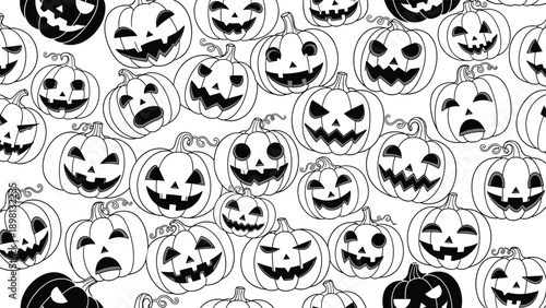 Spooky and fun Halloween pattern of Jack o lantern pumpkins with various carved expressions in black and white line art.