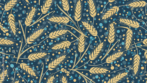 Elegant seamless pattern of golden wheat stalks and grains on a dark blue background with decorative yellow and teal dots.