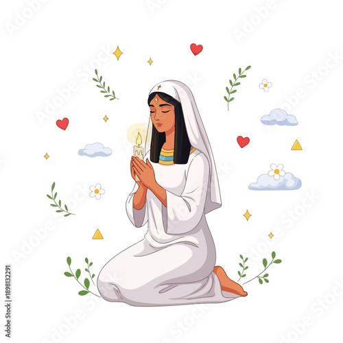 Spiritual woman kneeling and praying while holding a lit candle.