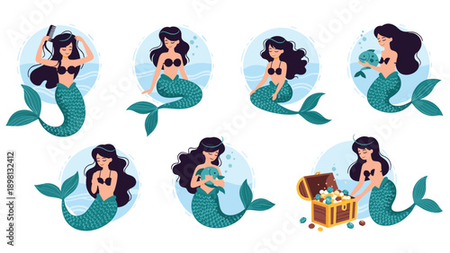Set of magical mermaid illustrations in different poses showing underwater life activities like combing hair and finding treasure.
