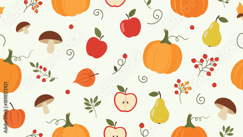 Rich autumn harvest seamless pattern with pumpkins, apples, pears, mushrooms, berries, and colorful falling leaves.