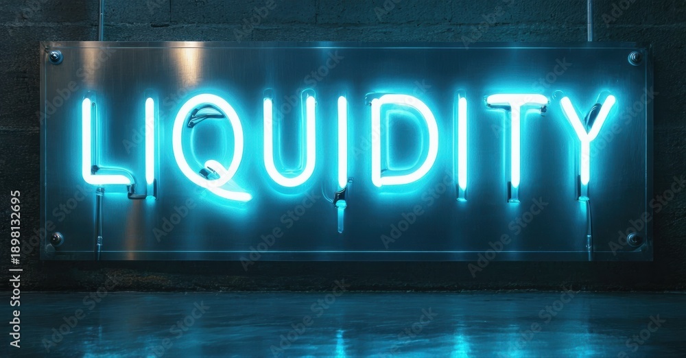 Fototapeta premium Bright neon sign spells liquidity. Dark background, concrete wall, reflective floor create dramatic lighting effect. Modern aesthetic.