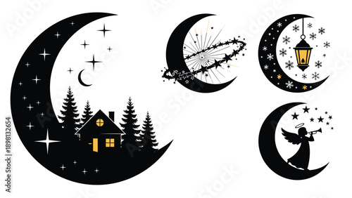 Set of black crescent moon silhouettes containing different nighttime scenes including a house in the woods and an angel.
