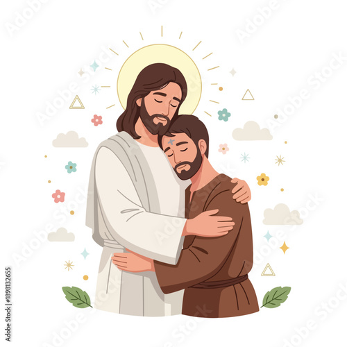 Jesus Christ embracing a penitent man marked with the ash cross.