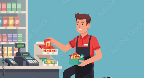 Friendly cashier restocking snacks and groceries at supermarket shelves