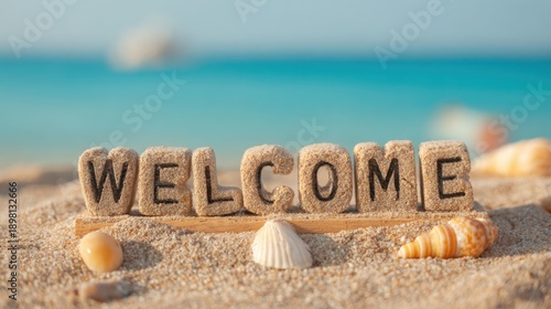 Welcome sign on sandy beach with seashells and blurred ocean background.