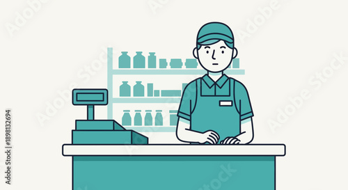 A male cashier standing at a store counter with shelves of products in the background, ready to assist customers.