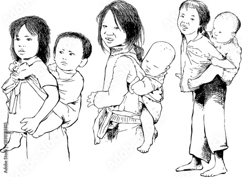 Asian tribal children sketch, traditional way of carrying baby on back, hand drawn ethnic kids illustration, cultural lifestyle line art vector.