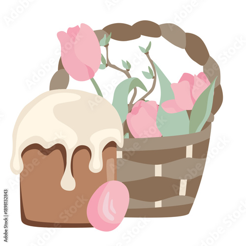 Illustration of an Easter cake with icing alongside a basket filled with pink tulips and leaves, accompanied by a decorative painted egg.