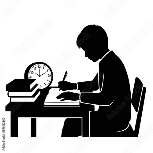 A silhouette of a man sitting at a desk working diligently